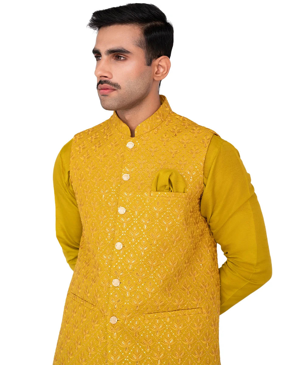 Mustard Embroidered Masoori Waistcoat Kurta Set (3-Piece) - Image 5