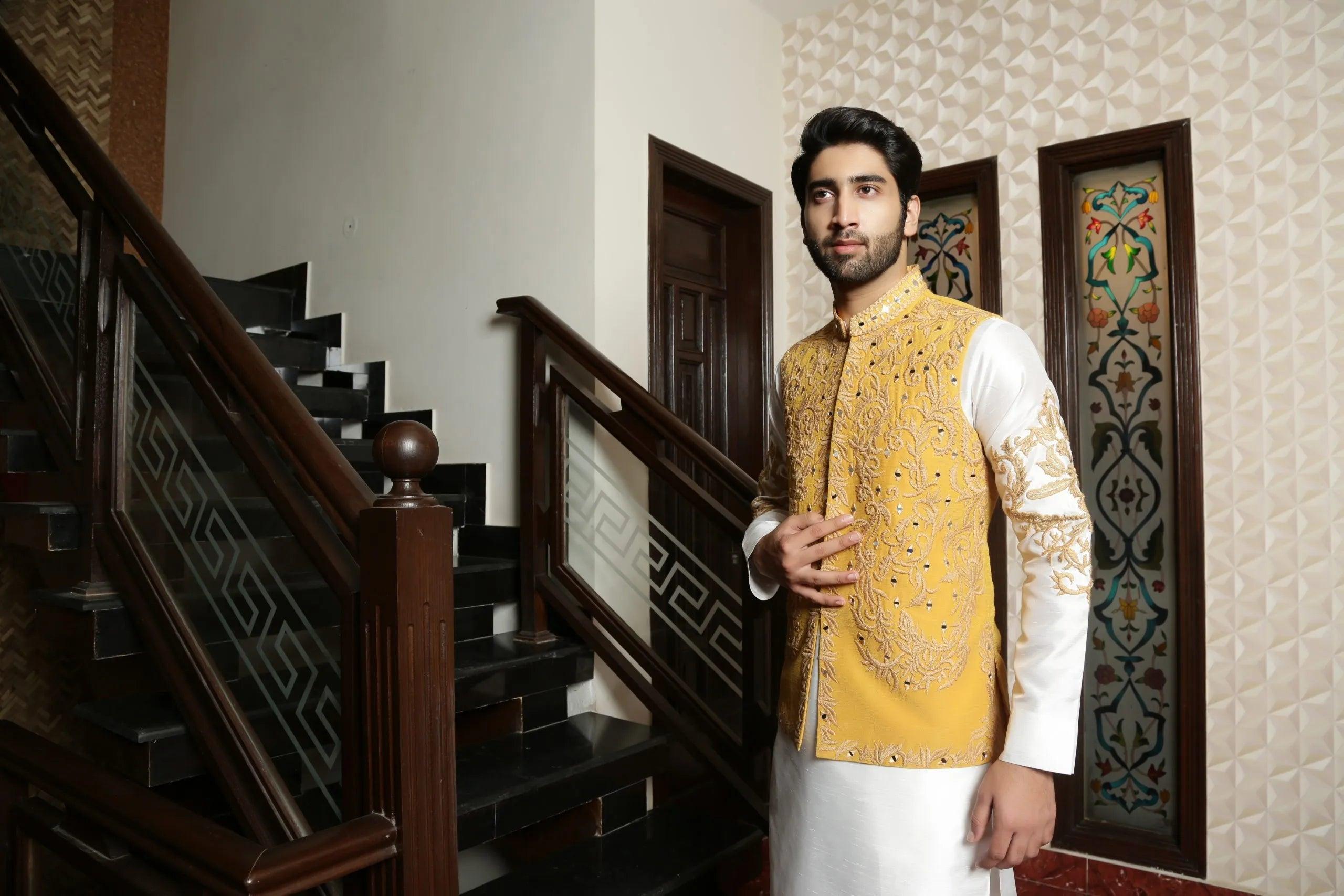 Light Mustard Embroidered Mat Silk Waistcoat (3-Piece) - Image 3