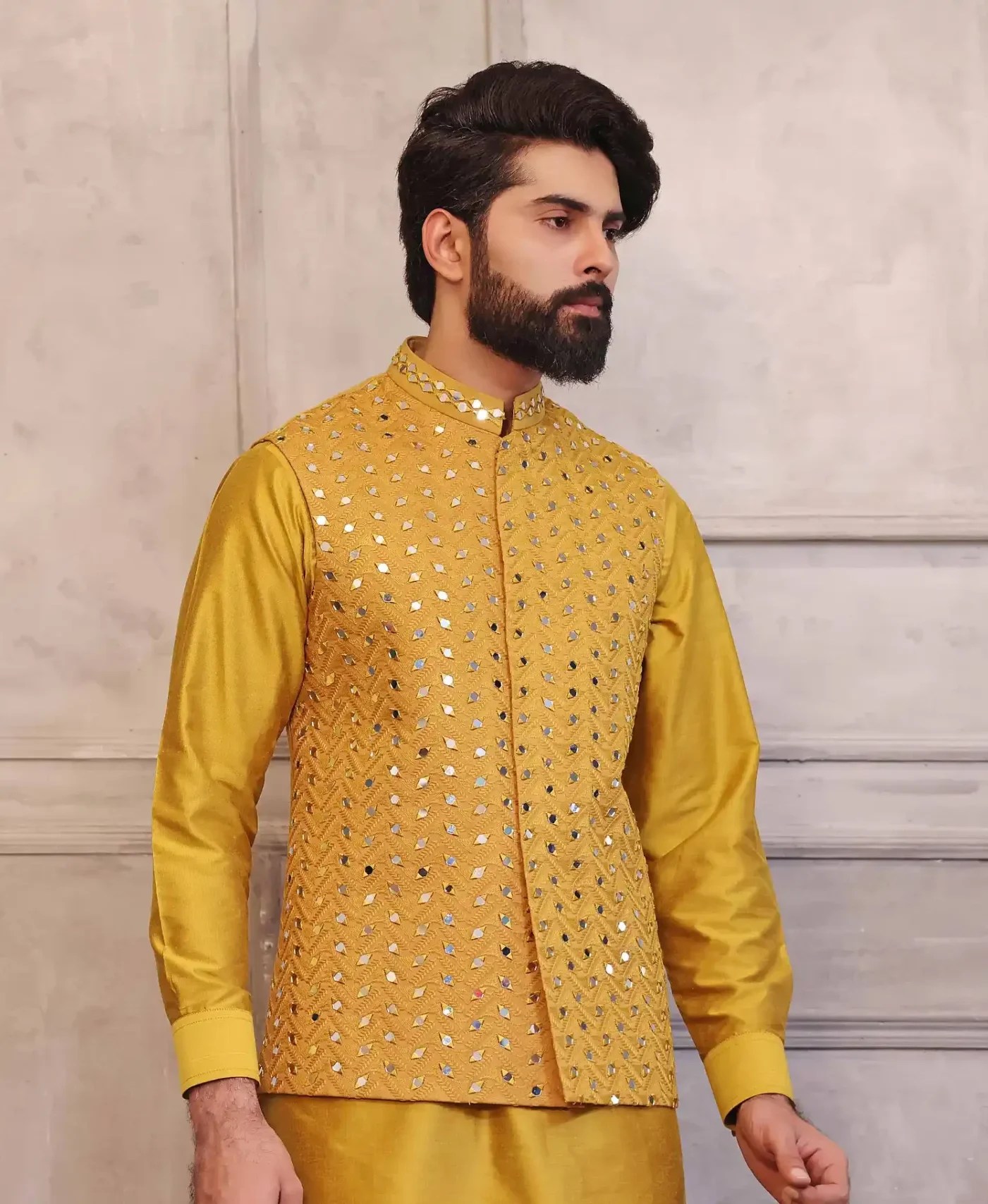 Metallic Gold Mirrorwork Waistcoat Kurta Set (3-Piece) - Image 1