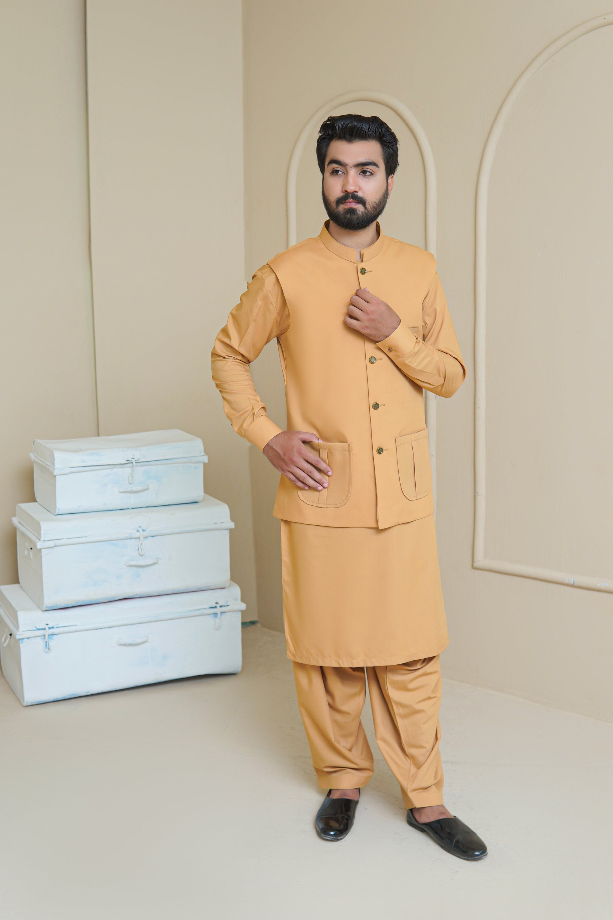 Golden Mustard Premium Fabric Waistcoat Kurta (3-Piece) - Image 3