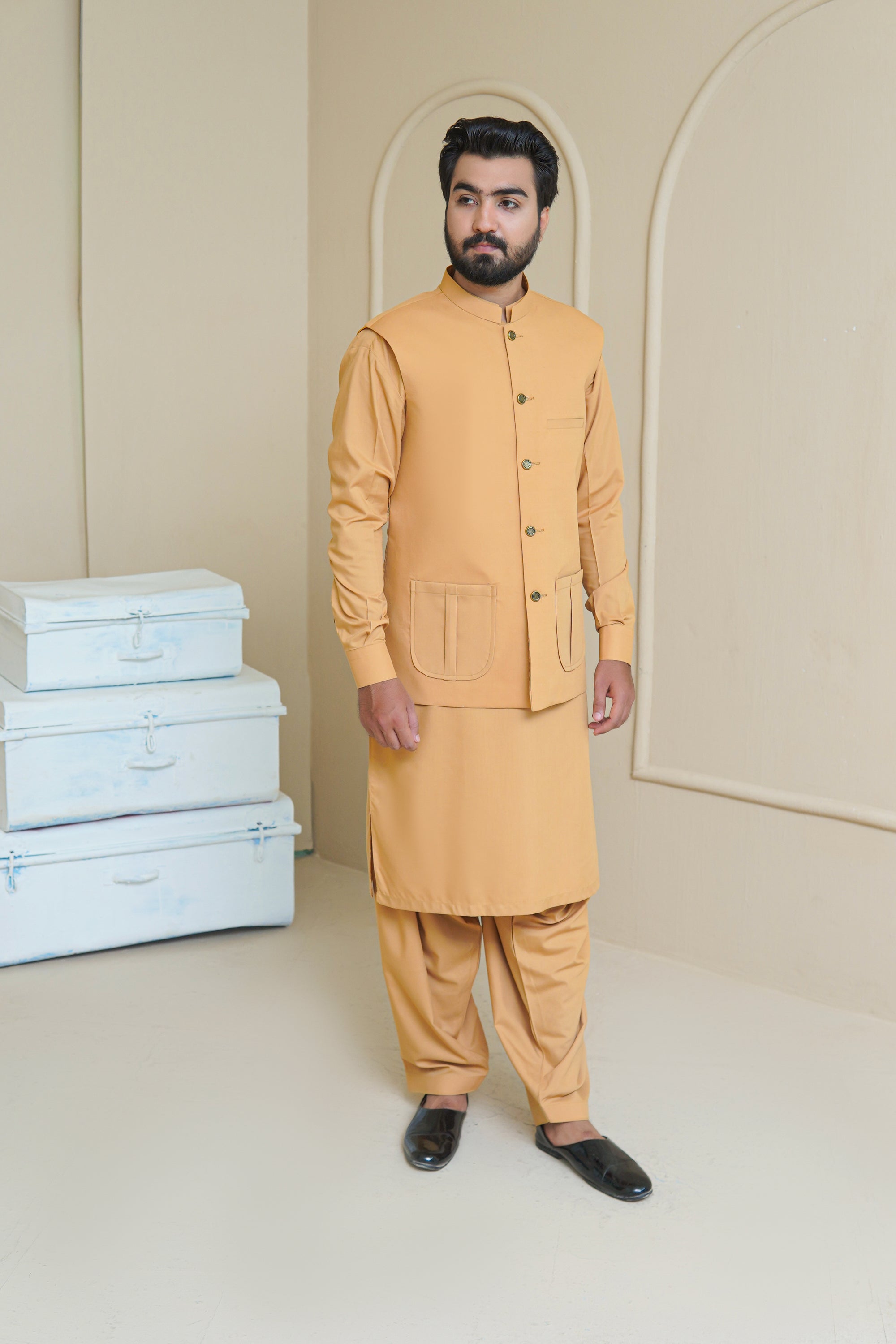 Golden Mustard Premium Fabric Waistcoat Kurta (3-Piece) - Image 5