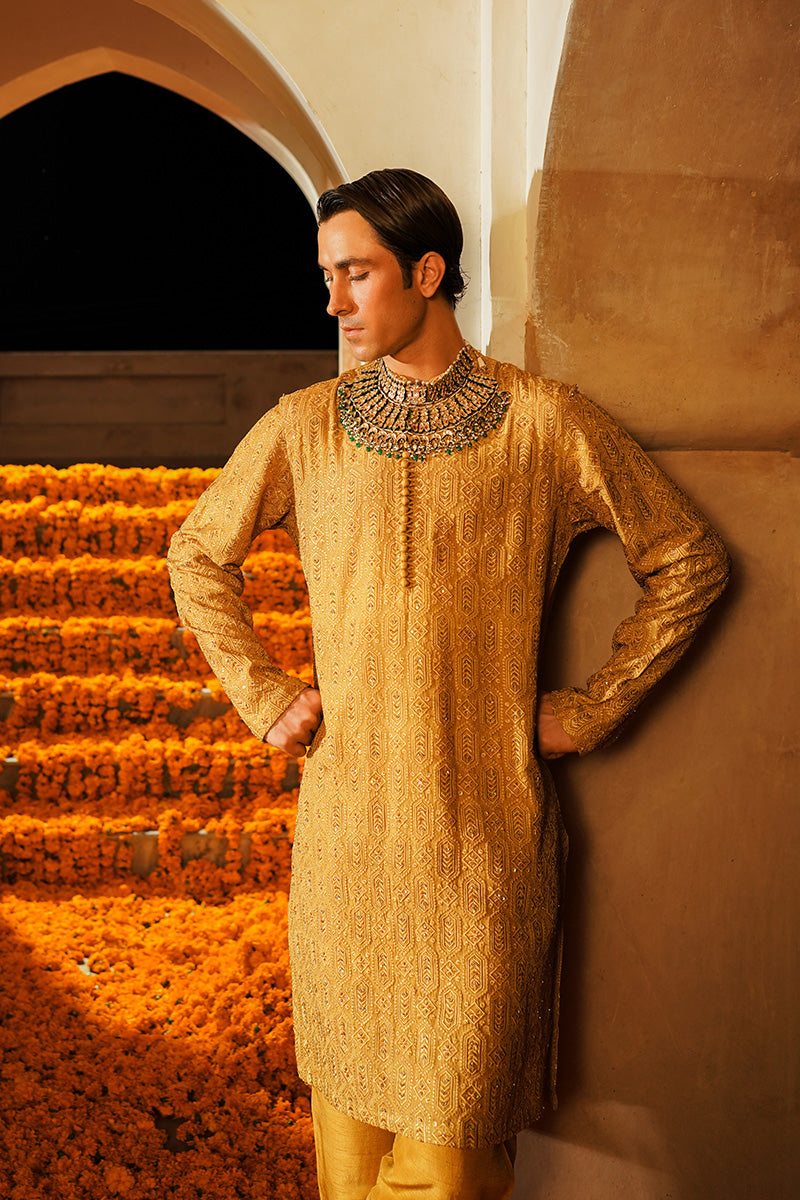 Mustard Embroidered Raw Silk Waistcoat Kurta (3-Piece) - Image 1