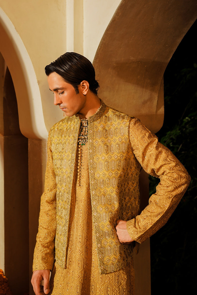 Mustard Embroidered Raw Silk Waistcoat Kurta (3-Piece) - Image 2