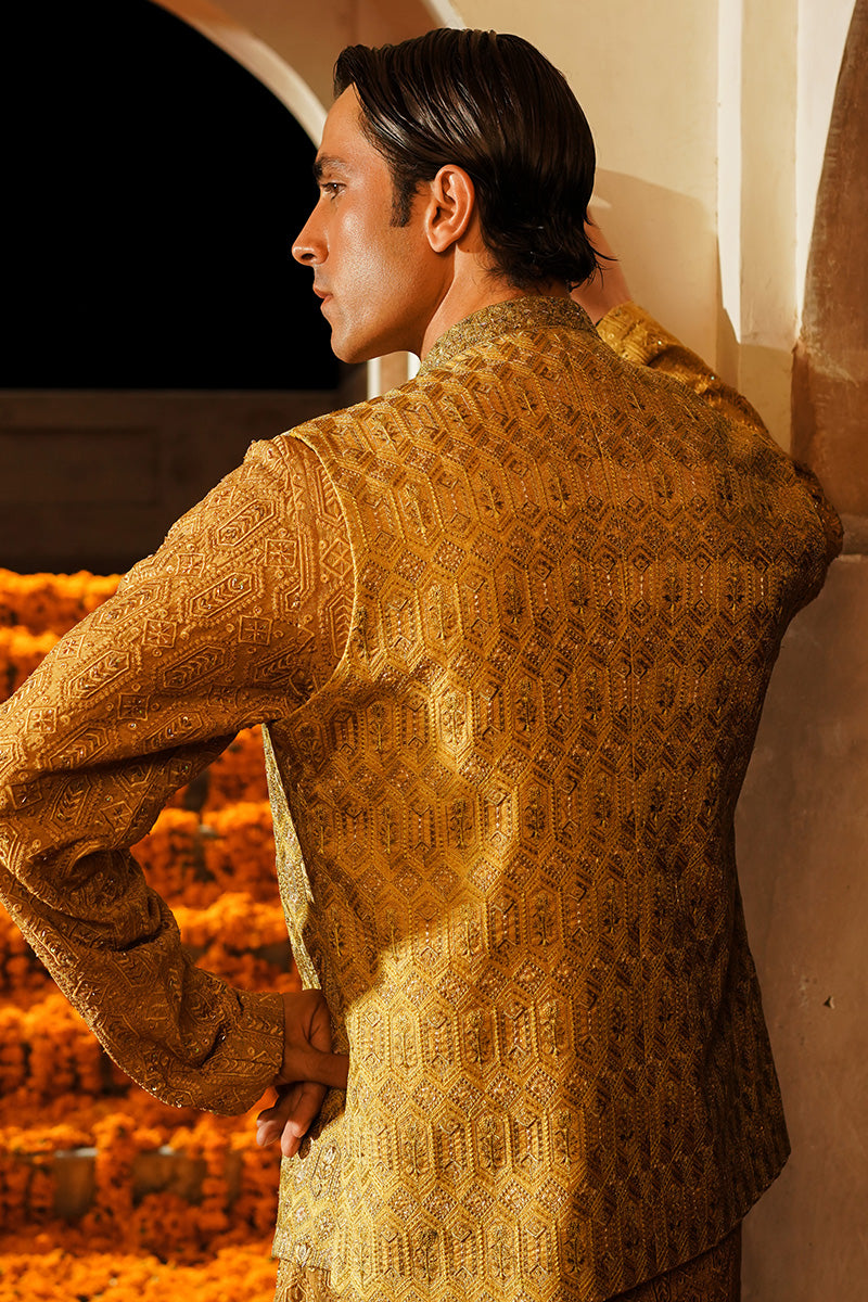 Mustard Embroidered Raw Silk Waistcoat Kurta (3-Piece) - Image 4