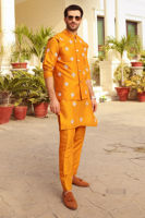 Mustard Embroidered Raw Silk Waistcoat Kurta (3-Piece) - Image 2