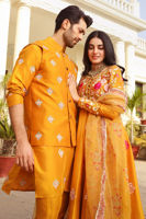 Mustard Embroidered Raw Silk Waistcoat Kurta (3-Piece) - Image 3