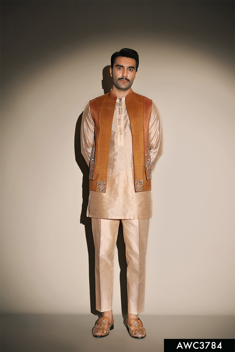 Mustard Embellished Silk-Blend Awami Waistcoat Kurta (3-Piece) - Image 1