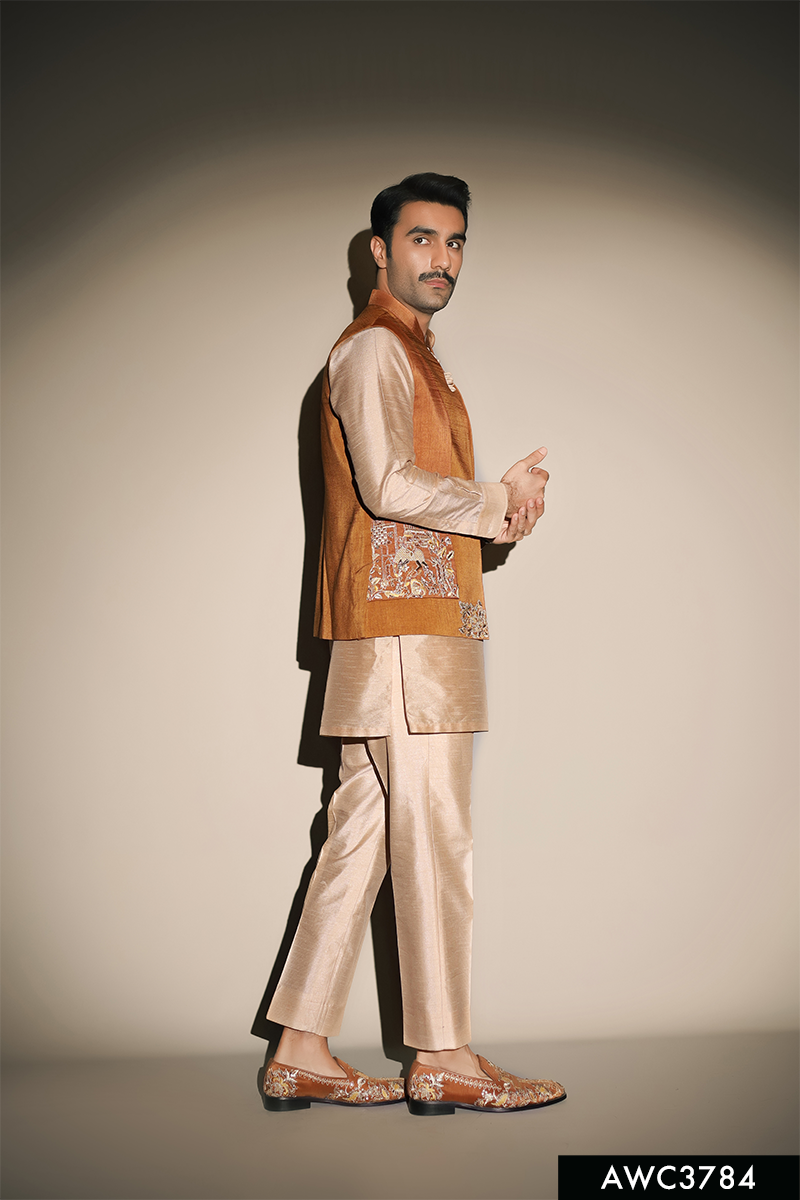 Mustard Embellished Silk-Blend Awami Waistcoat Kurta (3-Piece) - Image 2