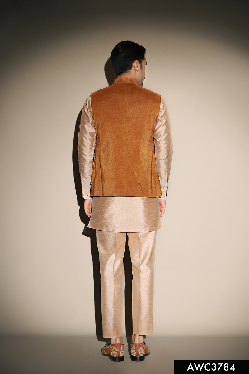 Mustard Embellished Silk-Blend Awami Waistcoat Kurta (3-Piece) - Image 3