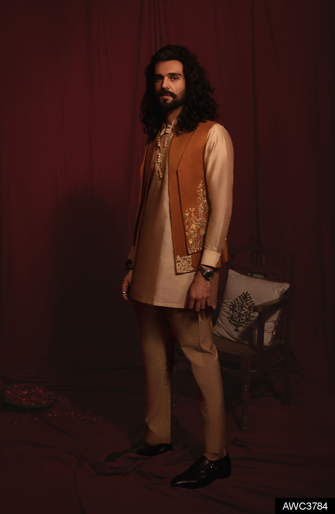 Mustard Embellished Silk-Blend Awami Waistcoat Kurta (3-Piece) - Image 5