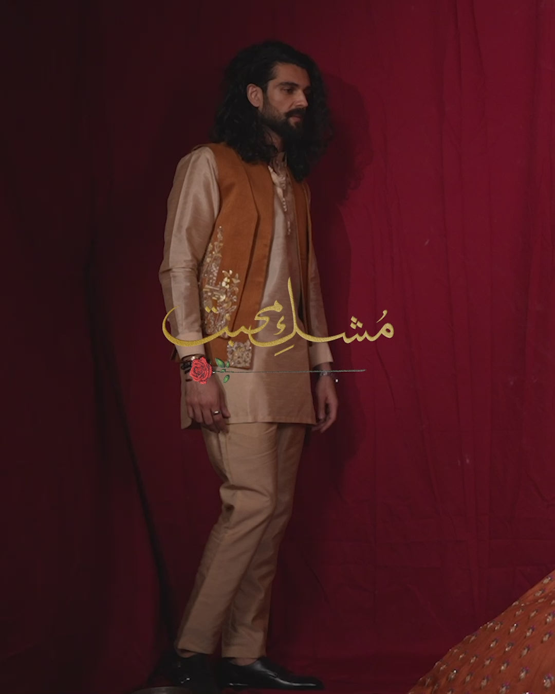 Mustard Embellished Silk-Blend Awami Waistcoat Kurta (3-Piece) - Image 8