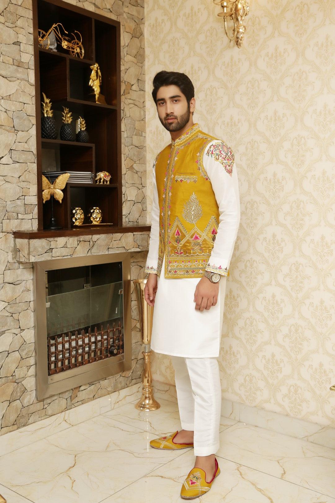 Mustard Embroidered Silk-Blend Waistcoat (3-Piece) - Image 1