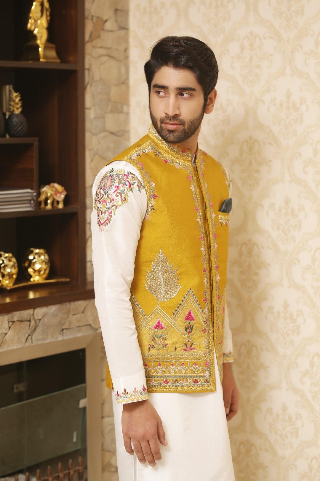 Mustard Embroidered Silk-Blend Waistcoat (3-Piece) - Image 2