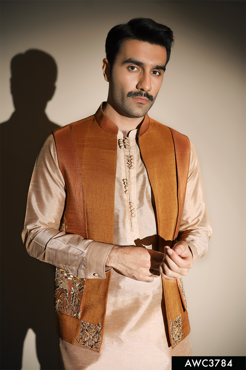 Mustard Embellished Silk-Blend Awami Waistcoat Kurta (3-Piece) - Image 4