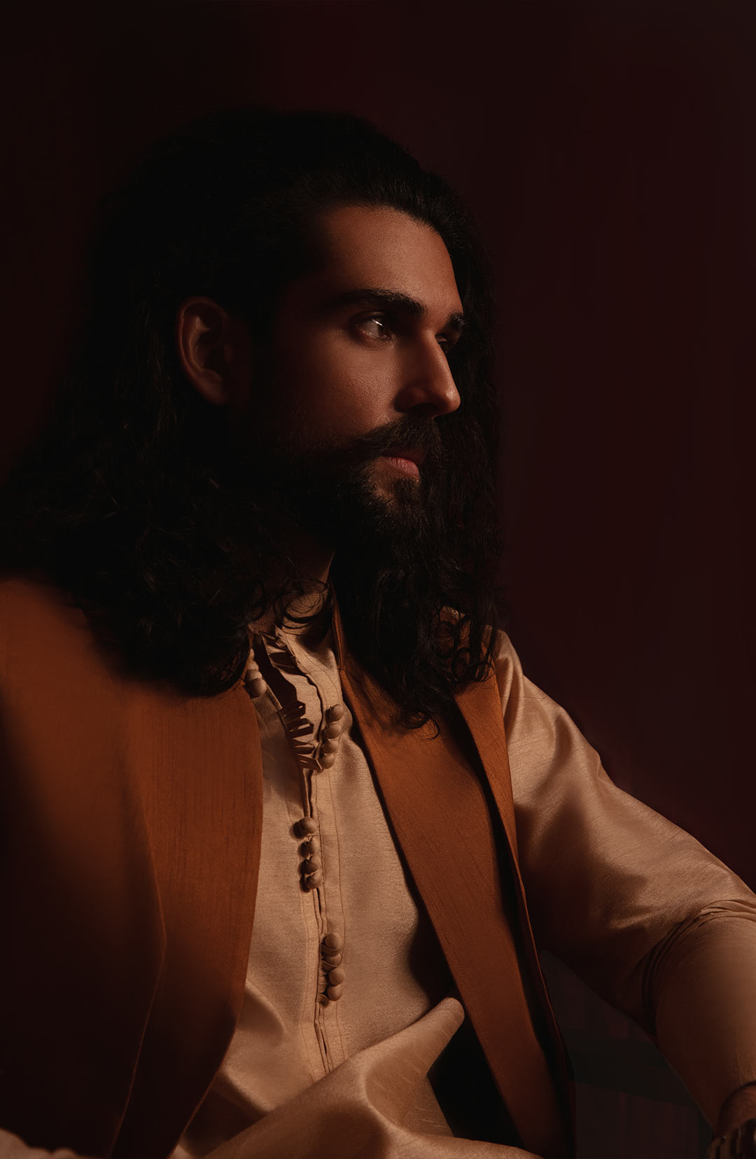 Mustard Embellished Silk-Blend Awami Waistcoat Kurta (3-Piece) - Image 6