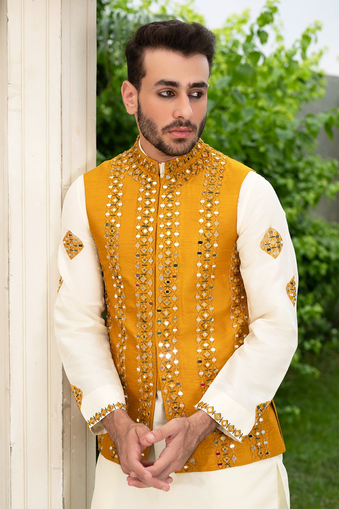 Mustard Shisha Embroidered Silk Waistcoat Kurta (3-Piece) - Image 4