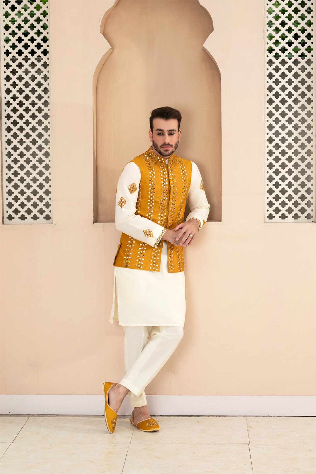 Mustard Shisha Embroidered Silk Waistcoat (3-Piece) - Image 1