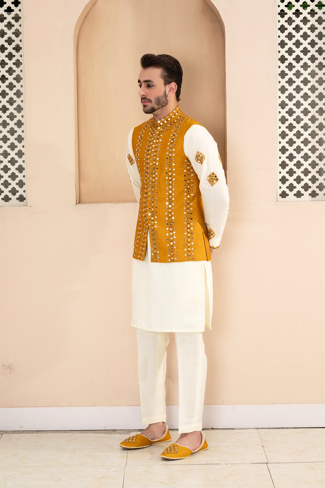 Mustard Shisha Embroidered Silk Waistcoat (3-Piece) - Image 2