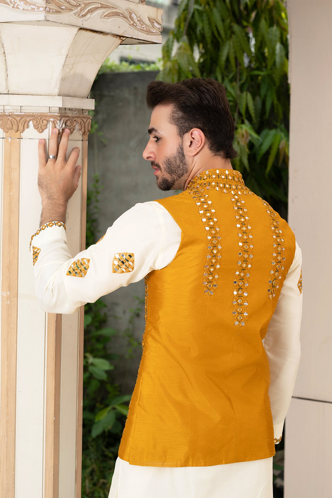 Mustard Shisha Embroidered Silk Waistcoat (3-Piece) - Image 3