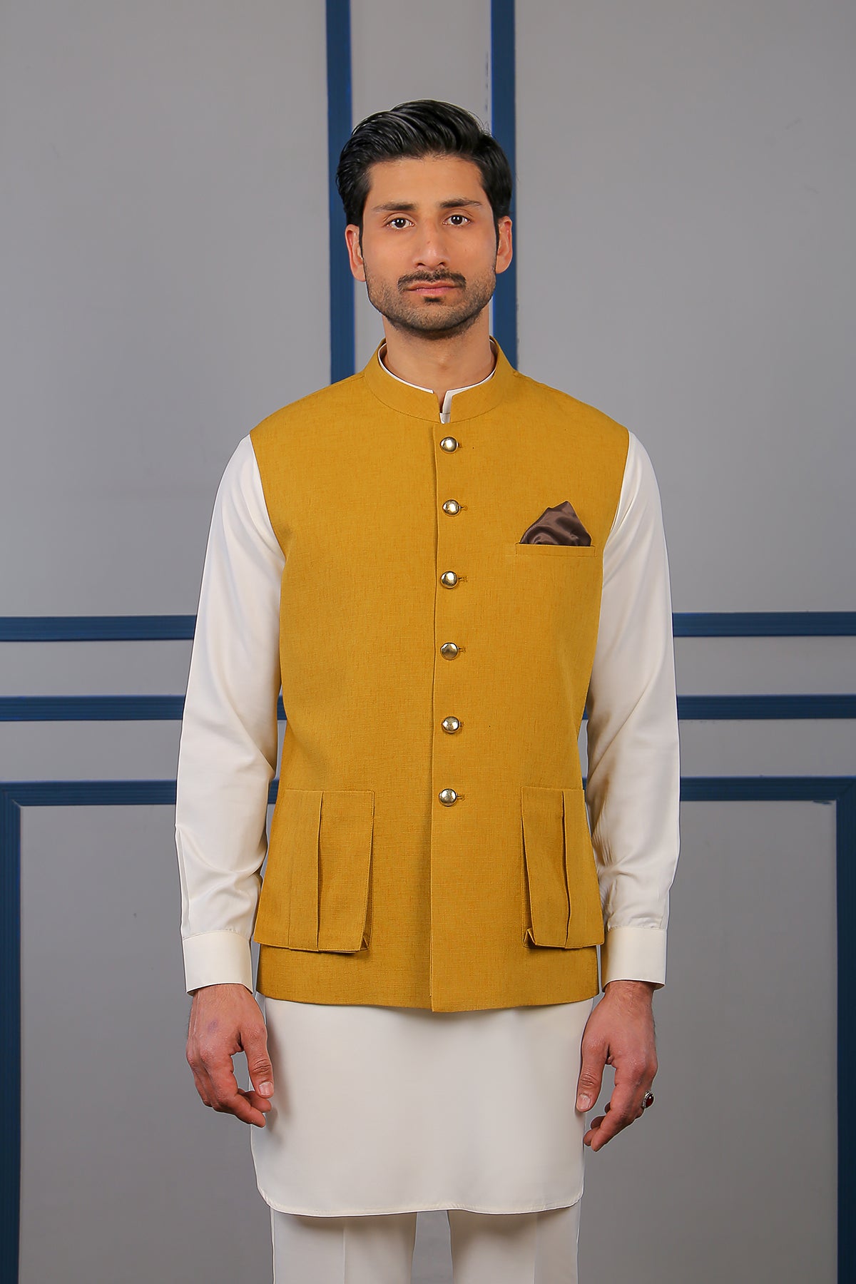 Mustard Linen Waistcoat with Metal Buttons (2-Piece) - Image 1