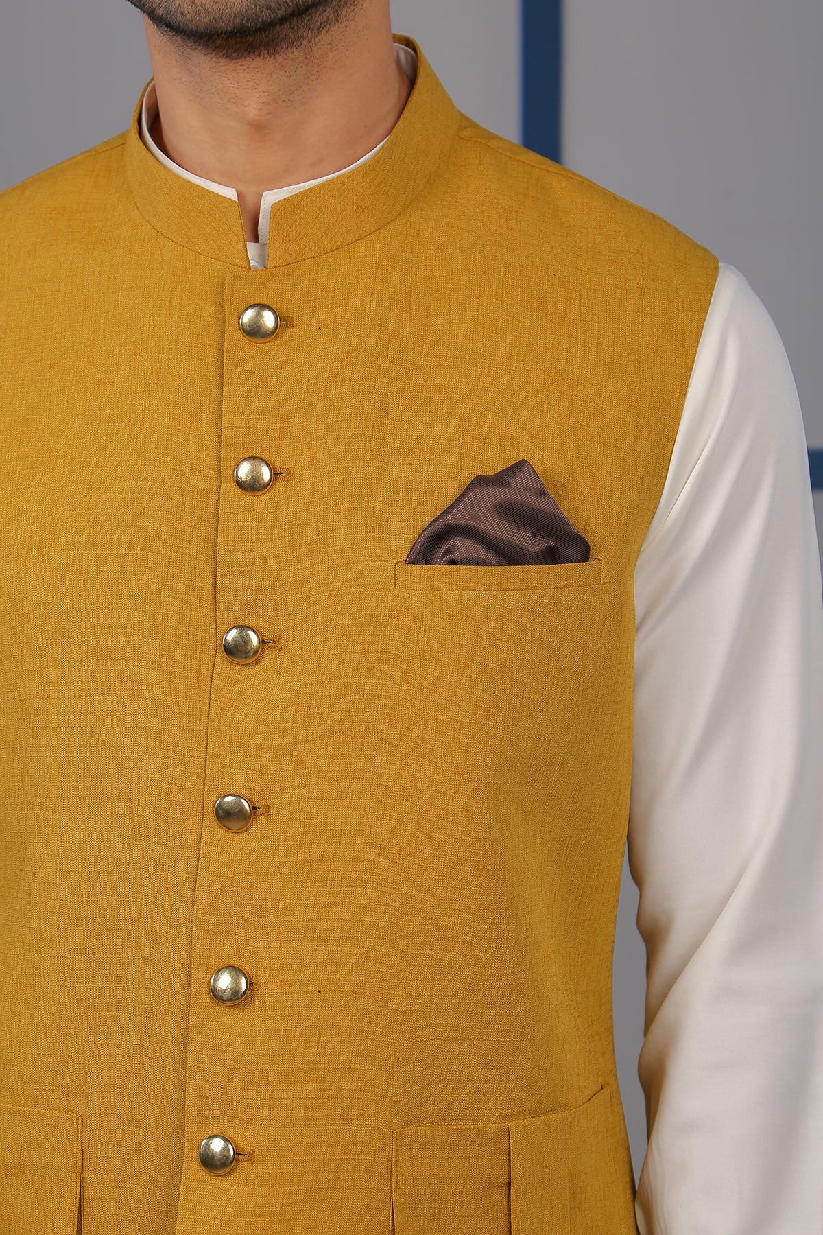 Mustard Linen Waistcoat with Metal Buttons (2-Piece) - Image 4