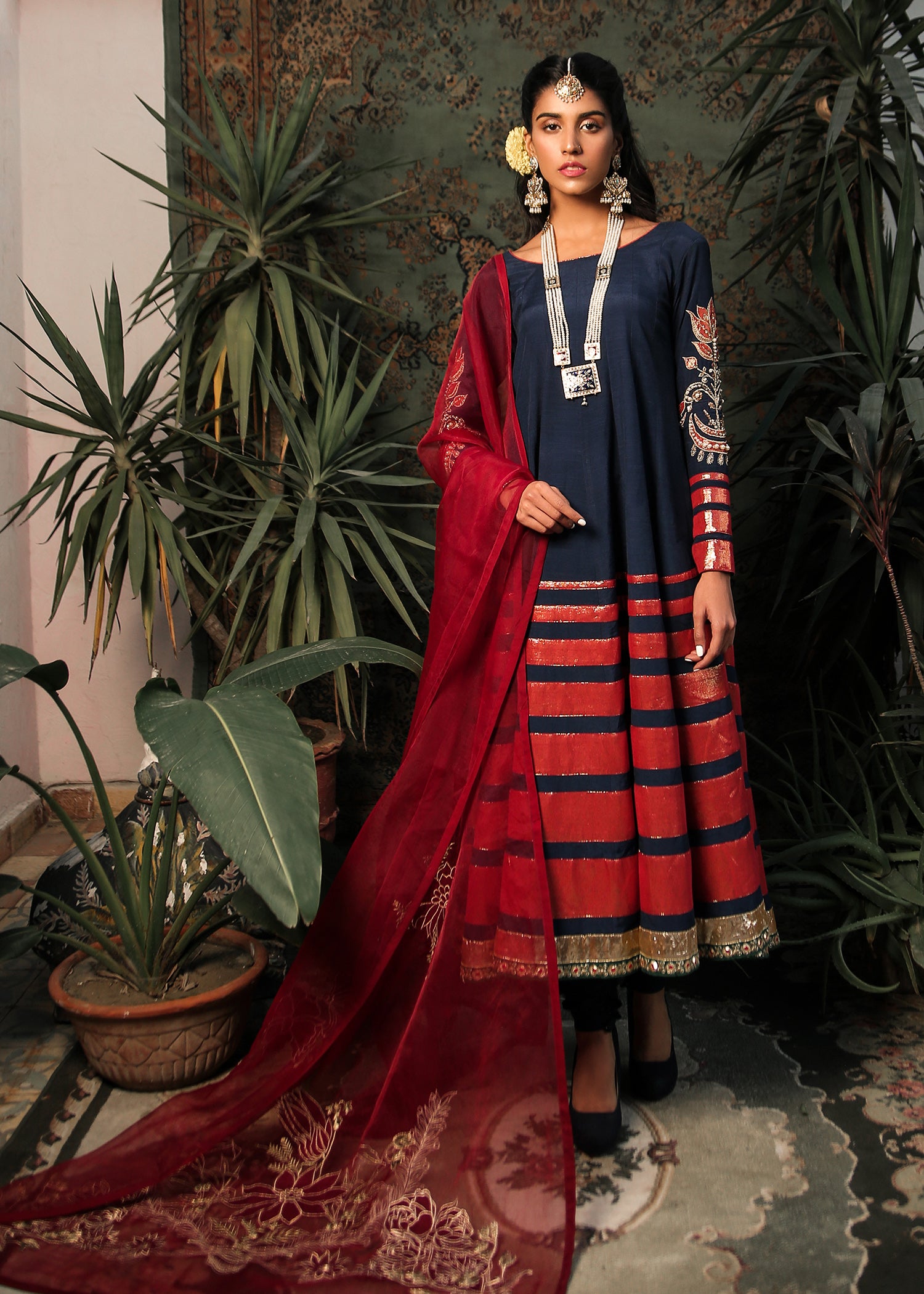 Navy Embellished Raw Silk Anarkali Dress (3-Piece) - Image 1