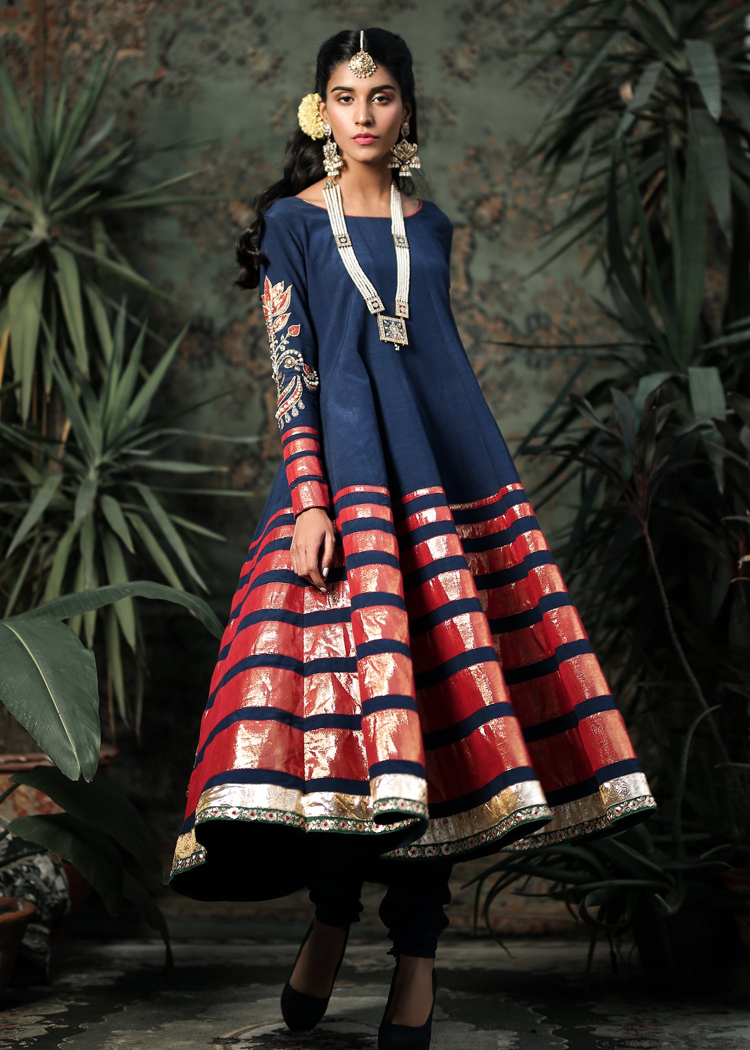 Navy Embellished Raw Silk Anarkali Dress (3-Piece) - Image 2