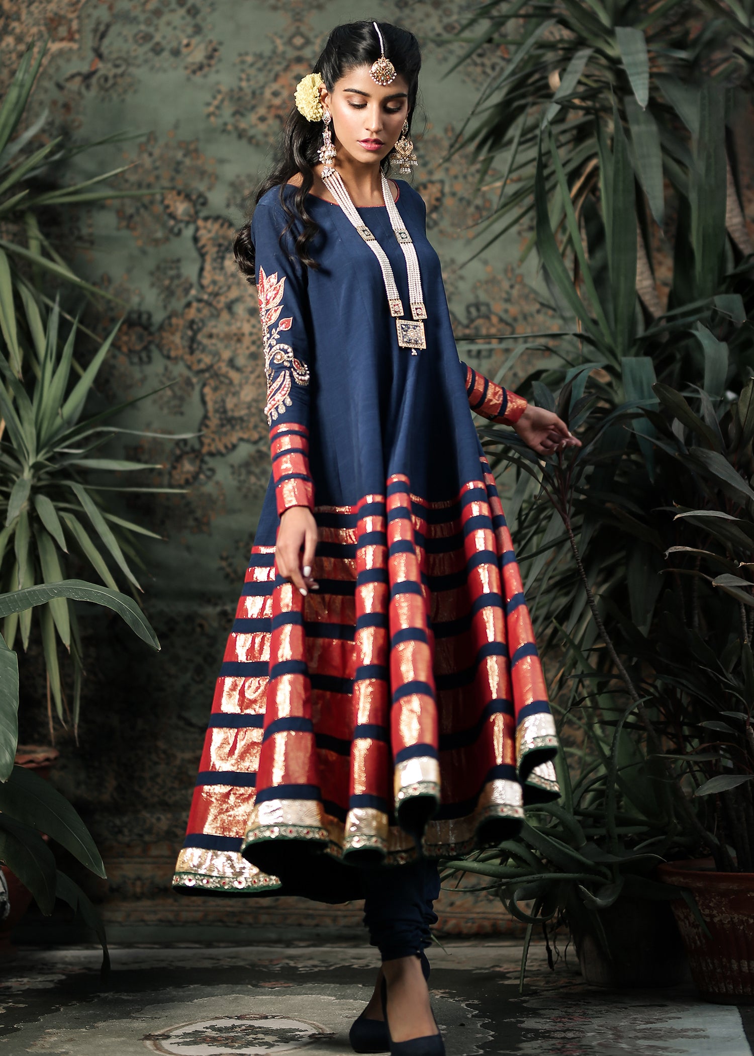 Navy Embellished Raw Silk Anarkali Dress (3-Piece) - Image 3