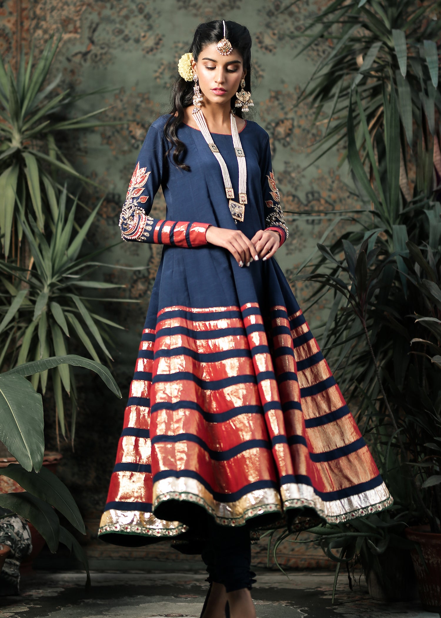 Navy Embellished Raw Silk Anarkali Dress (3-Piece) - Image 4
