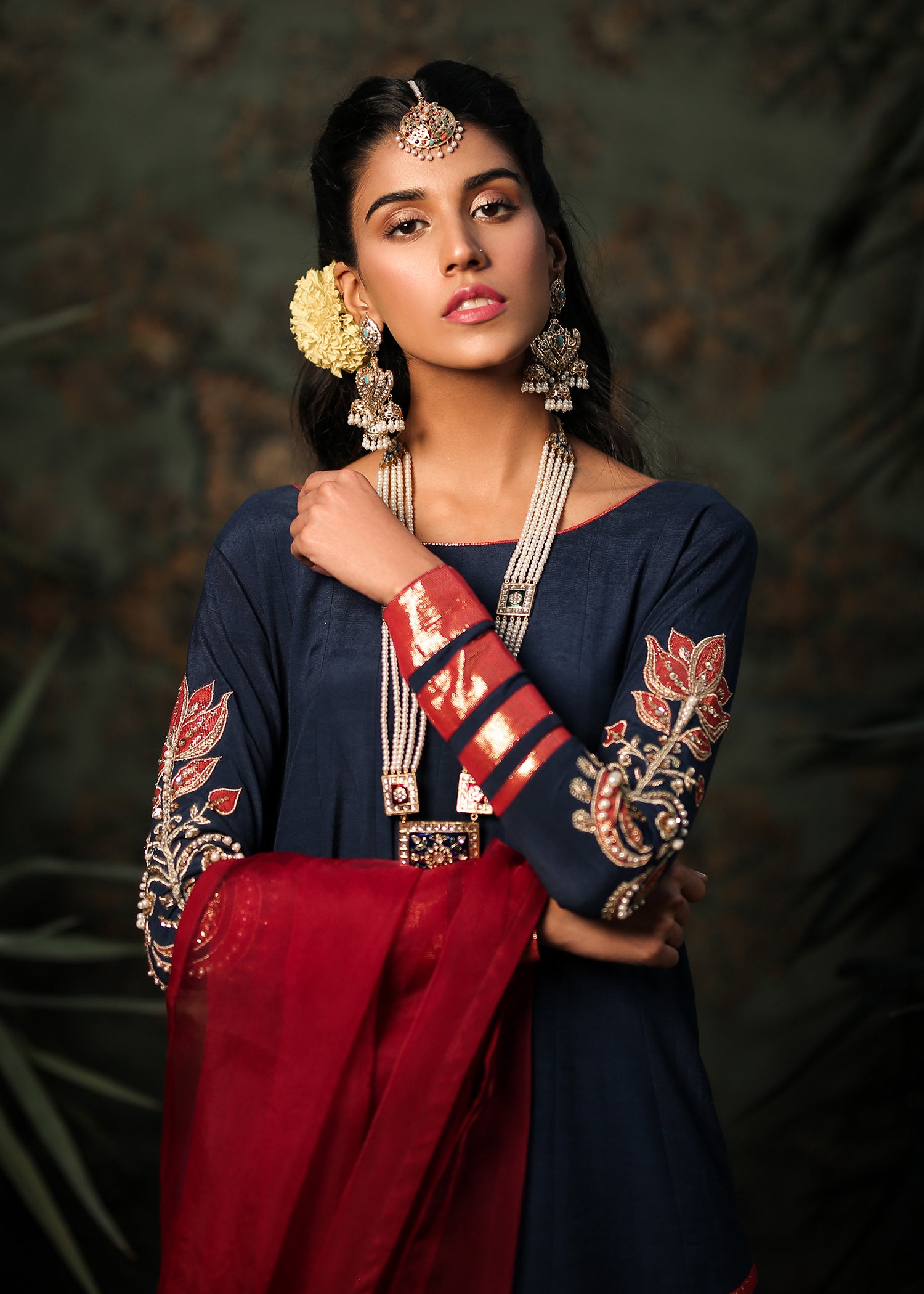 Navy Embellished Raw Silk Anarkali Dress (3-Piece) - Image 5