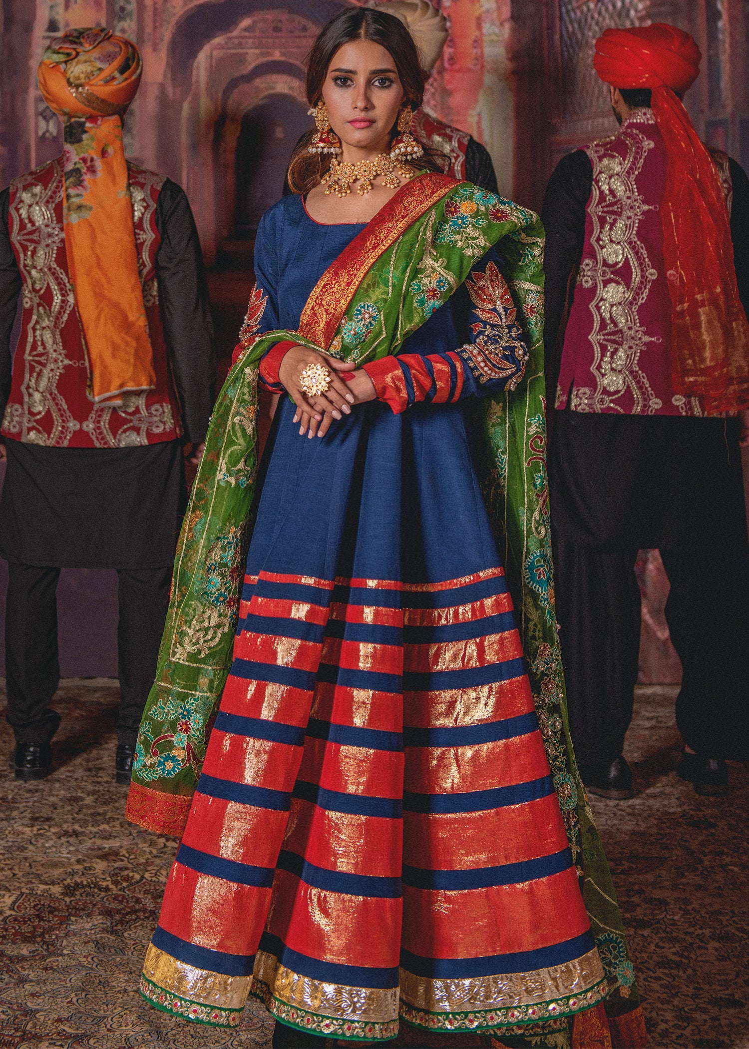 Navy Embellished Raw Silk Anarkali Dress (3-Piece) - Image 6
