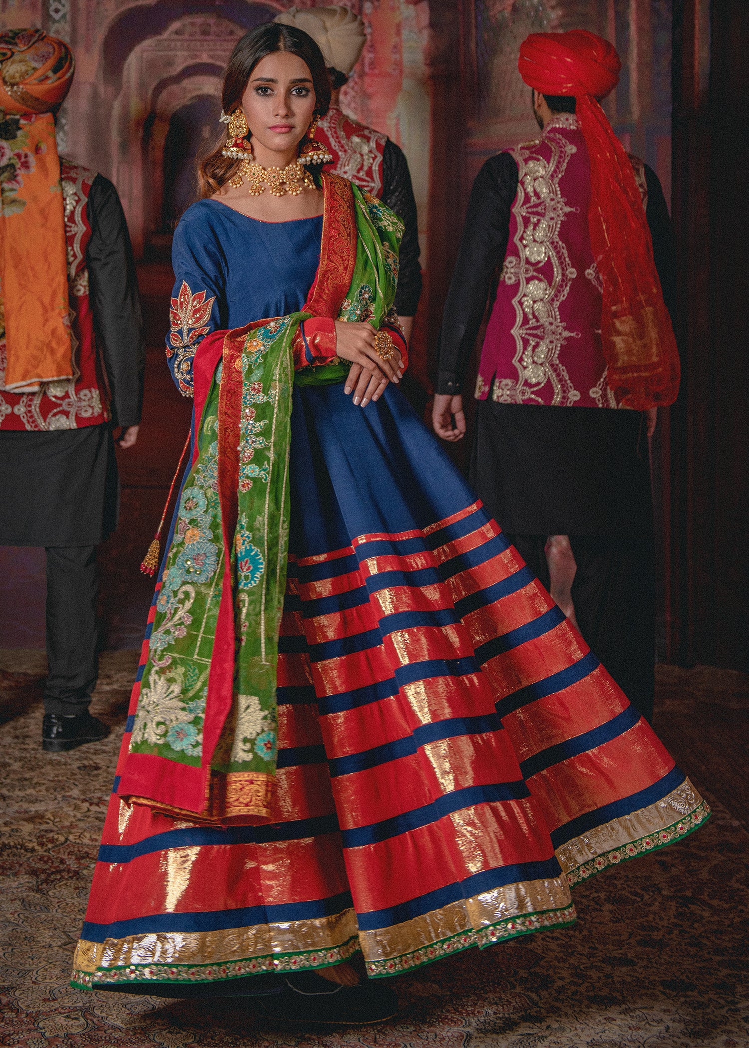 Navy Embellished Raw Silk Anarkali Dress (3-Piece) - Image 7