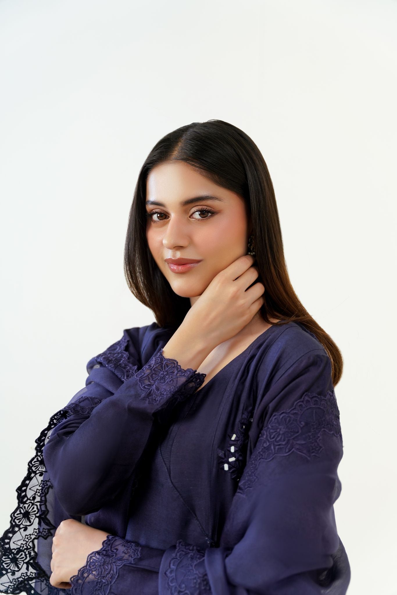 Dark Navy Sheesha Embroidered Matte Silk Angrakha (3-Piece) - Image 3