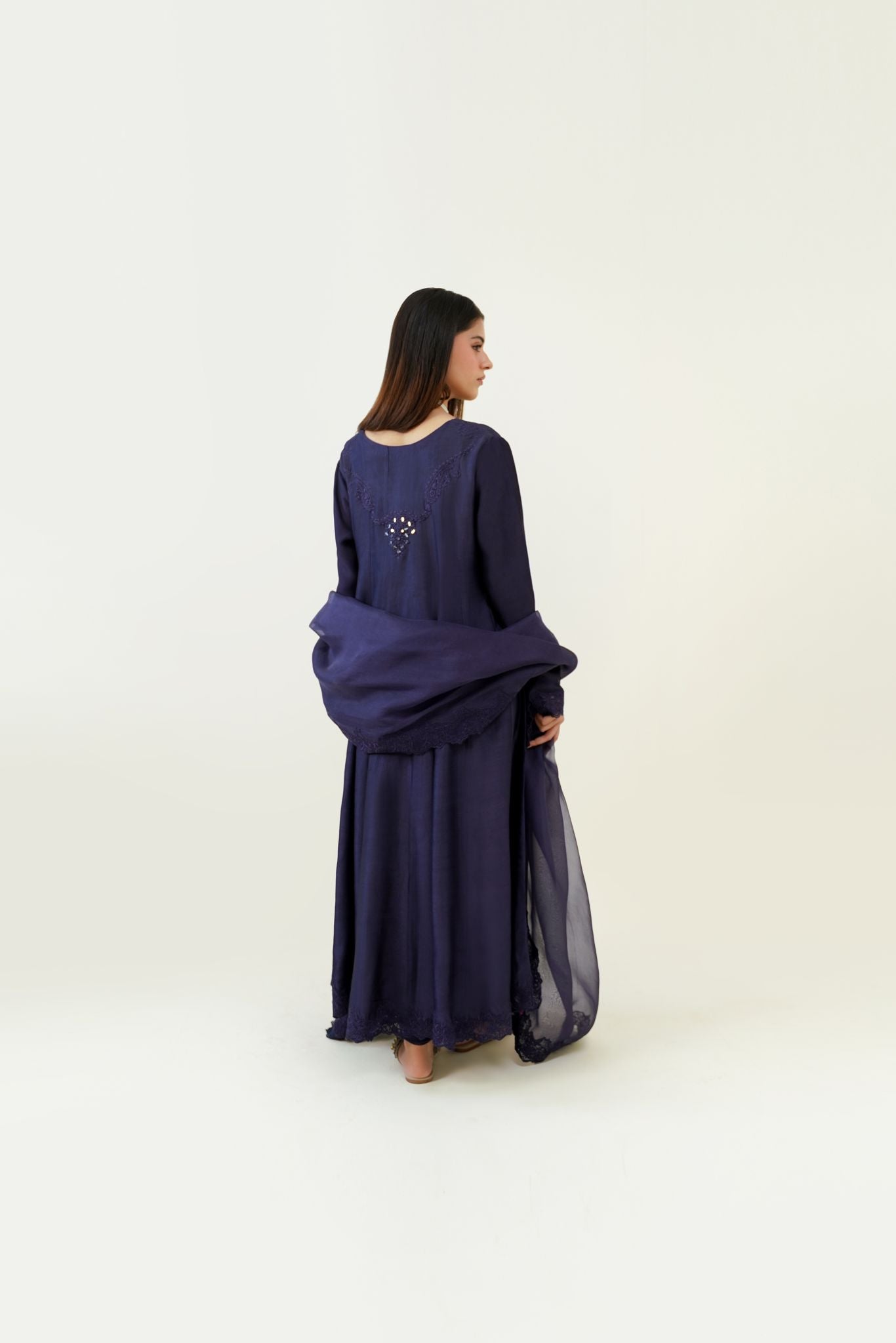 Dark Navy Sheesha Embroidered Matte Silk Angrakha (3-Piece) - Image 5