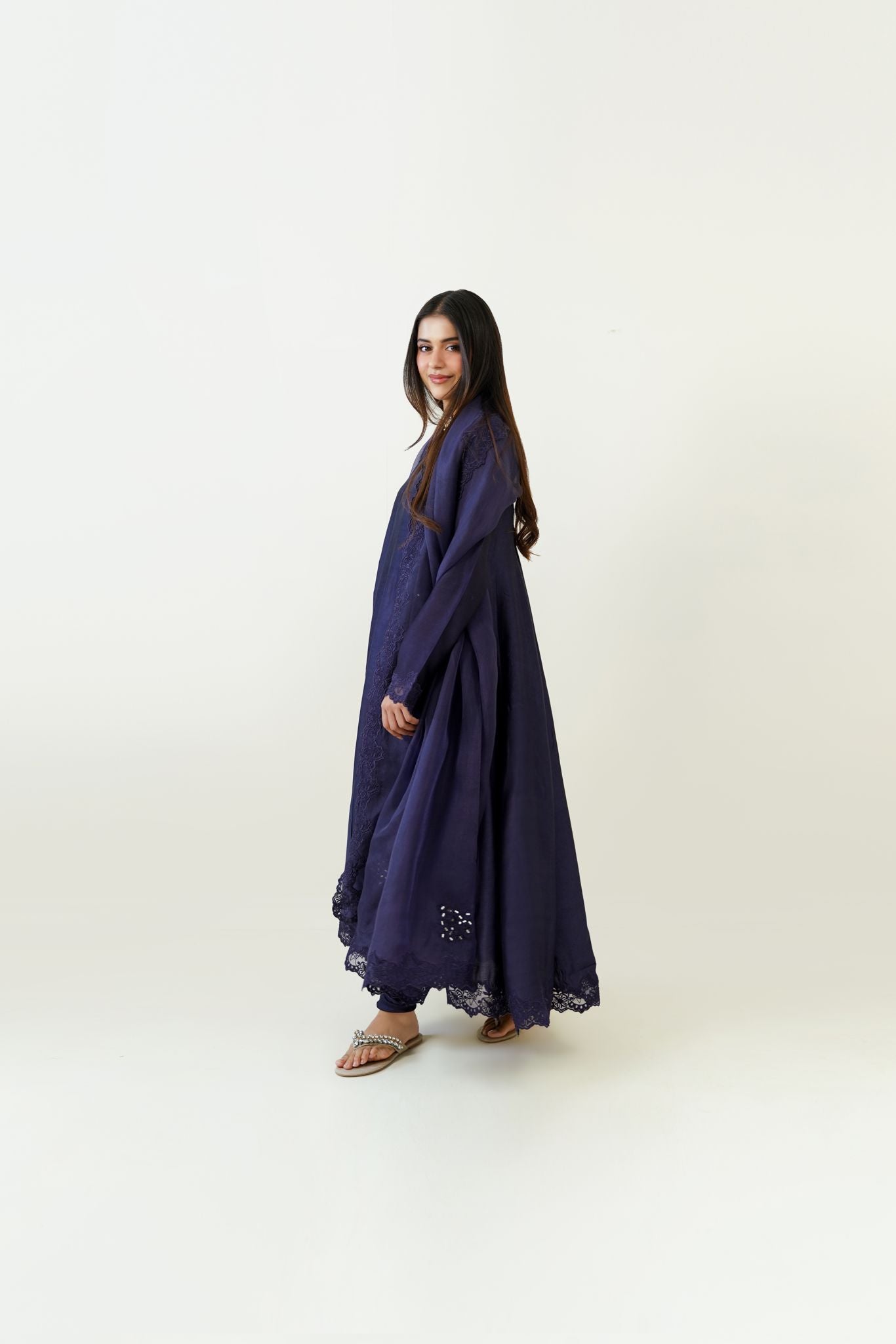 Dark Navy Sheesha Embroidered Matte Silk Angrakha (3-Piece) - Image 6