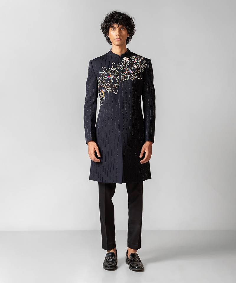 Navy Blue Embroidered Lycra Achkan (2-Piece) - Image 1