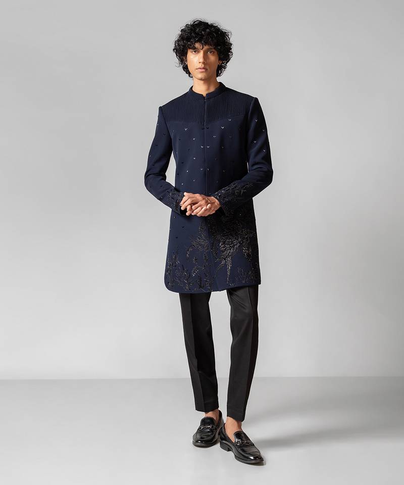 Navy Blue Embroidered Lycra Achkan Set (2-Piece) - Image 1