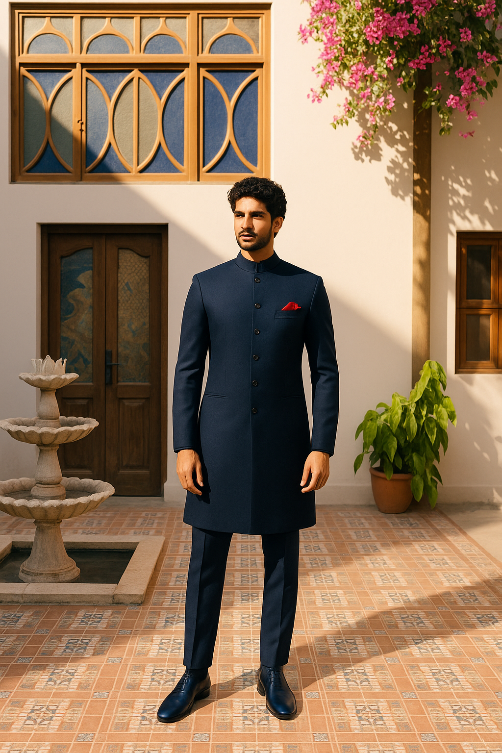 Navy Armani Fabric Achkan Sherwani (3-Piece) - Image 2