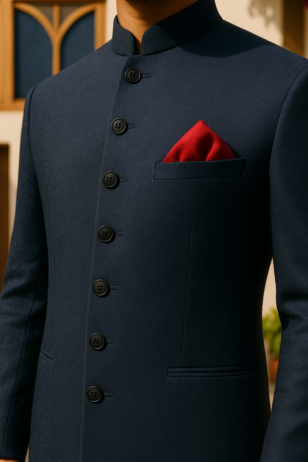 Navy Armani Fabric Achkan Sherwani (3-Piece) - Image 3