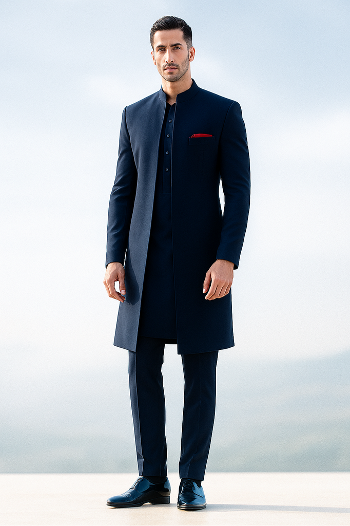 Navy Blue Armani Fabric Achkan Sherwani (3-Piece) - Image 1