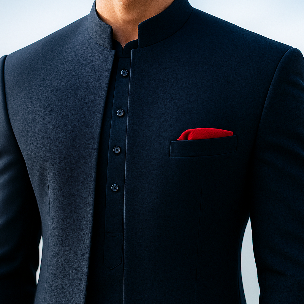 Navy Blue Armani Fabric Achkan Sherwani (3-Piece) - Image 3