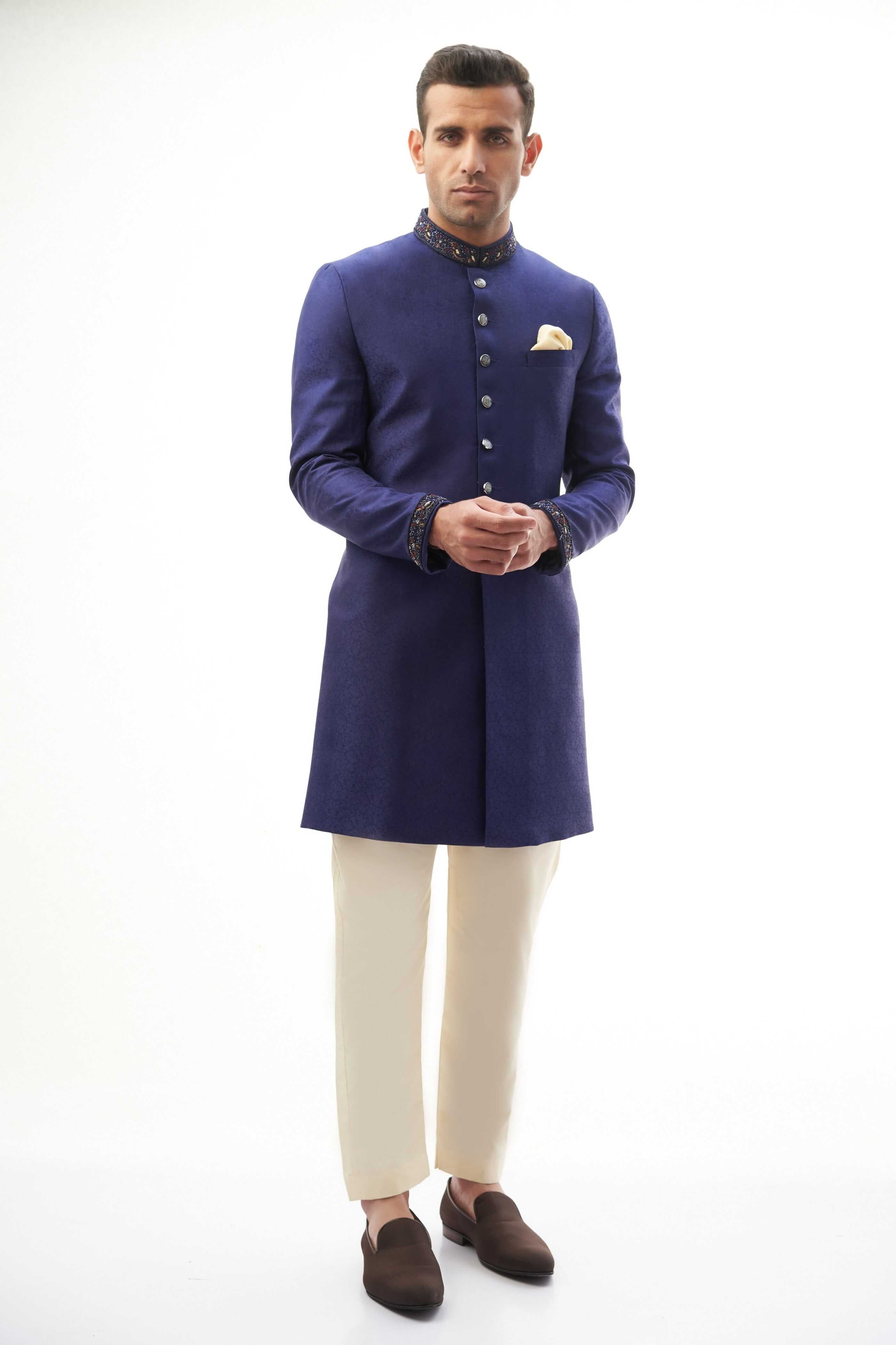 Navy Blue Zardozi Brocade Silk Sherwani (2-Piece) - Image 1