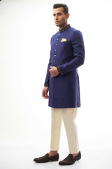 Navy Blue Zardozi Brocade Silk Sherwani (2-Piece) - Image 4
