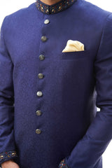 Navy Blue Zardozi Brocade Silk Sherwani (2-Piece) - Image 7