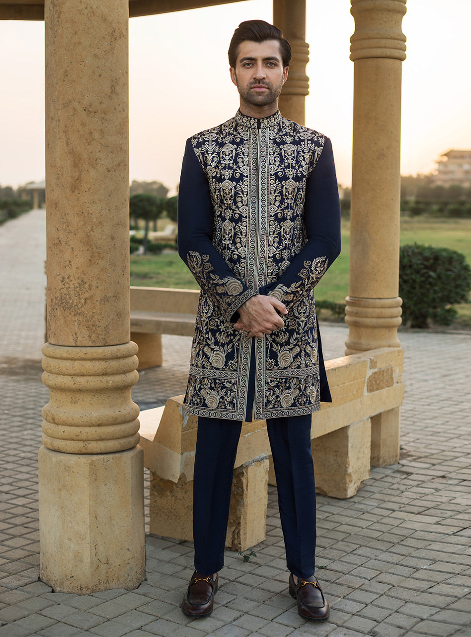 Navy Blue Embroidered Cotton Silk Sherwani (3-Piece) - Image 1