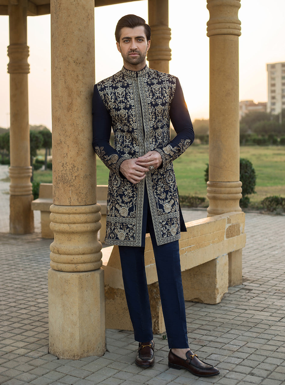 Navy Blue Embroidered Cotton Silk Sherwani (3-Piece) - Image 2
