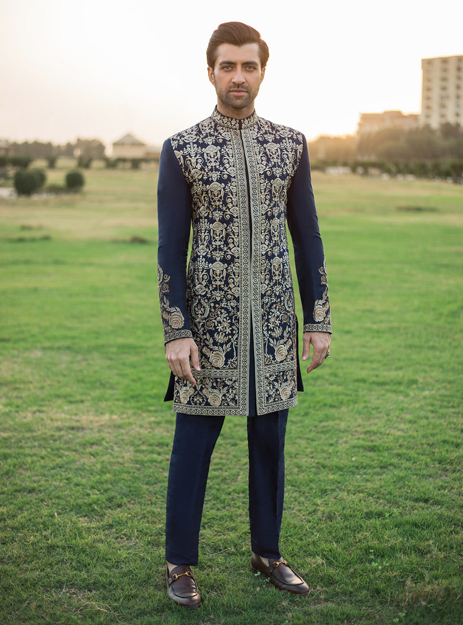 Navy Blue Embroidered Cotton Silk Sherwani (3-Piece) - Image 3