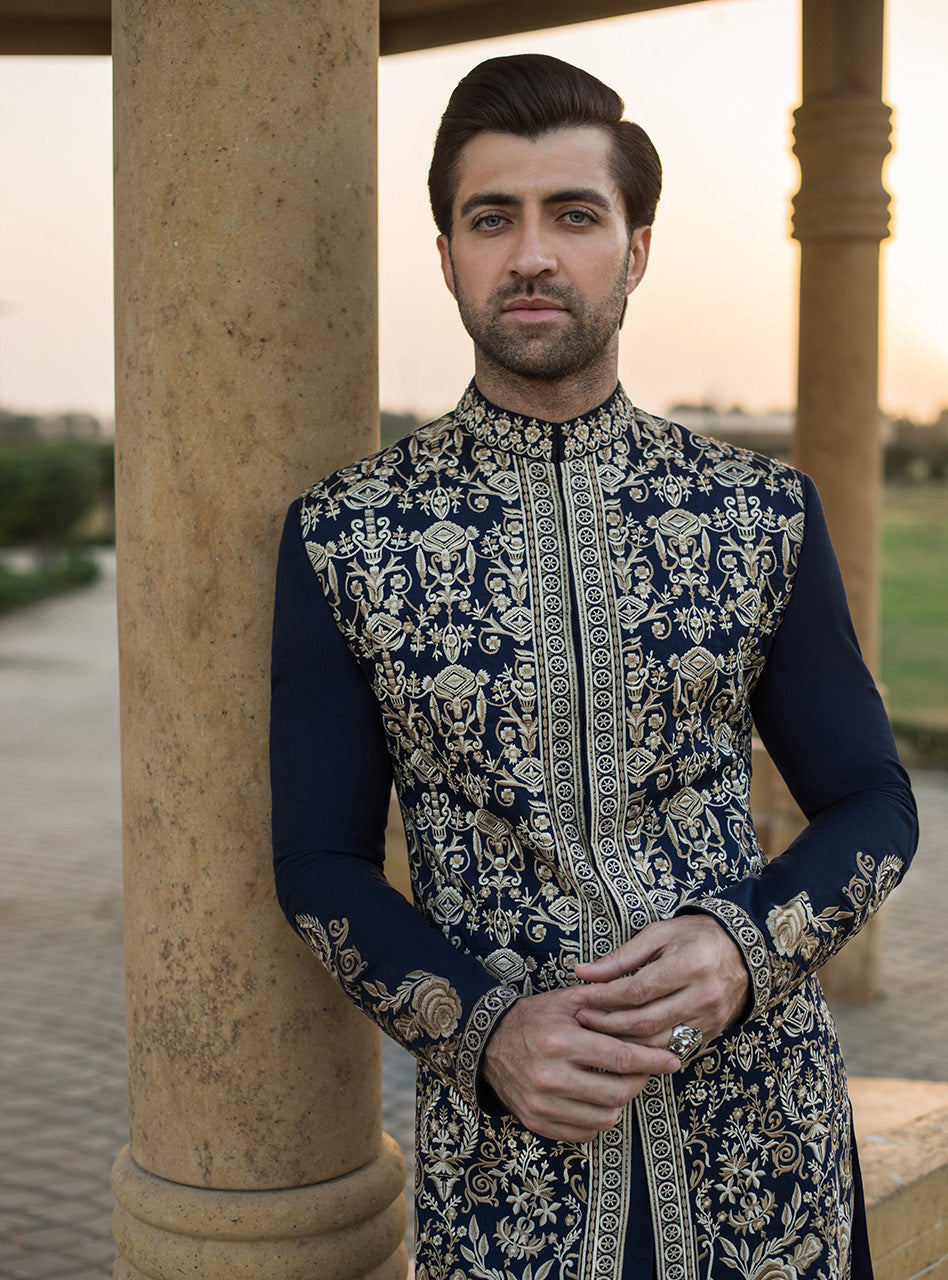 Navy Blue Embroidered Cotton Silk Sherwani (3-Piece) - Image 4