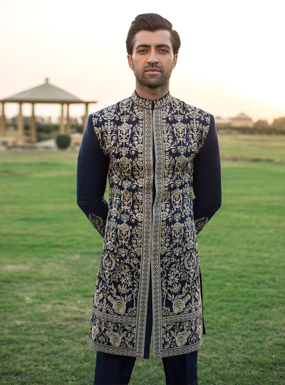 Navy Blue Embroidered Cotton Silk Sherwani (3-Piece) - Image 5
