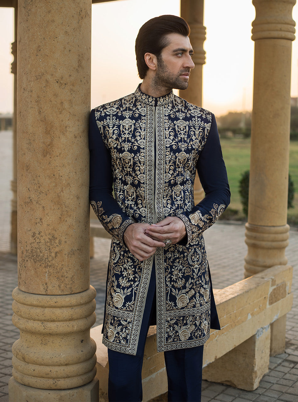 Navy Blue Embroidered Cotton Silk Sherwani (3-Piece) - Image 6